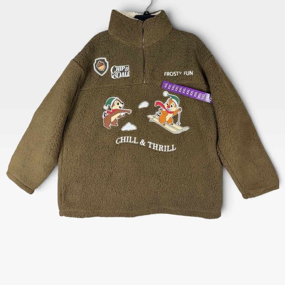 Disney Classics Chip Dale Sherpa Pullover Women XXL Brown Quarter Zip Fleece NWT